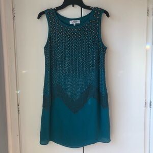 Tibi Beaded Sleeveless Mini Dress - Teal 100% Silk size 4